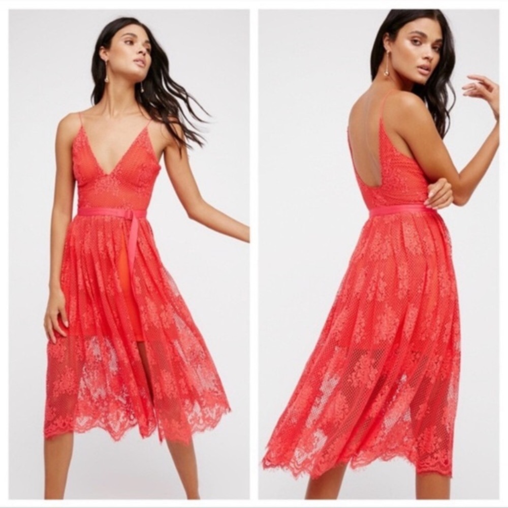 Free People Match Point Watermelon Mesh Midi Dress